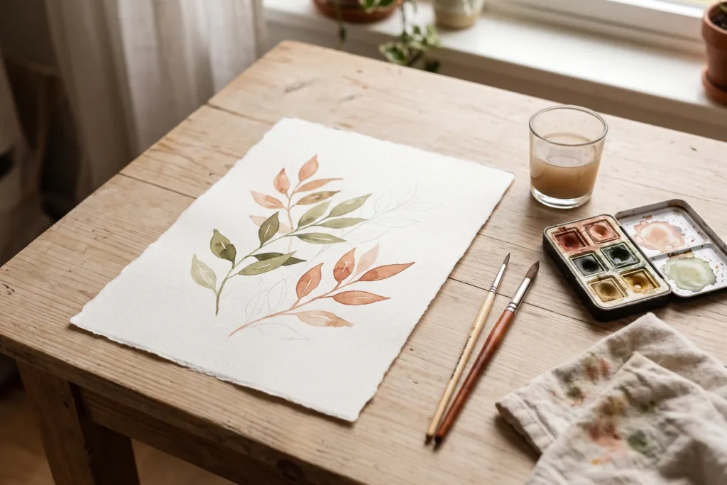 Acuarela de hojas a medio pintar con pinceles y paleta sobre una mesa junto a la ventana