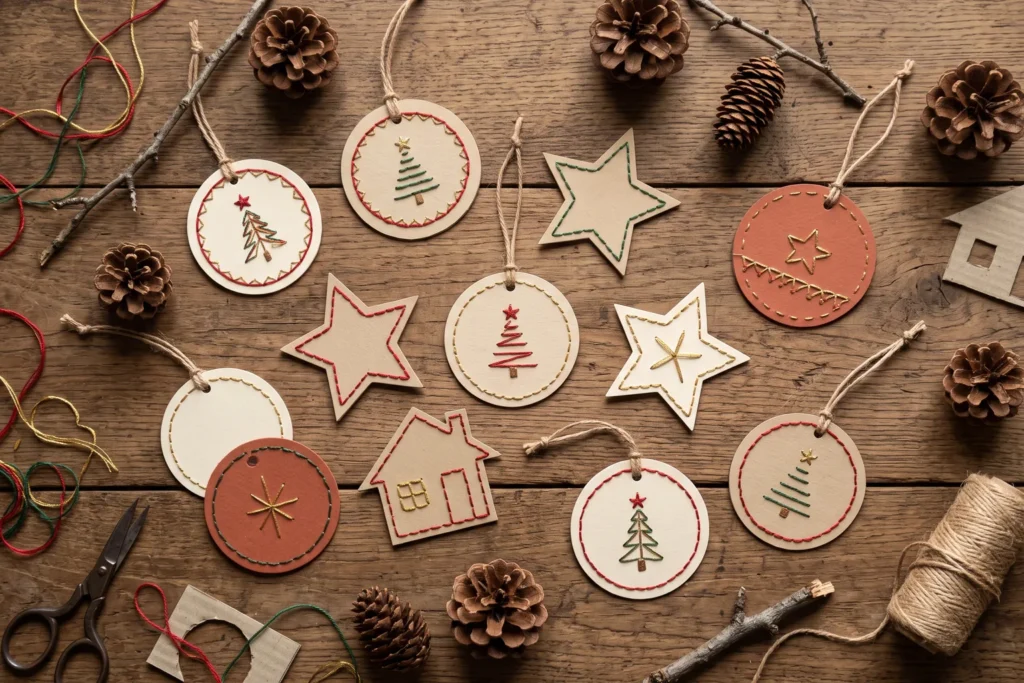 Adornos navideños de cartulina bordada sobre una mesa: círculos, estrellas y casitas con hilos rojos, verdes y dorados