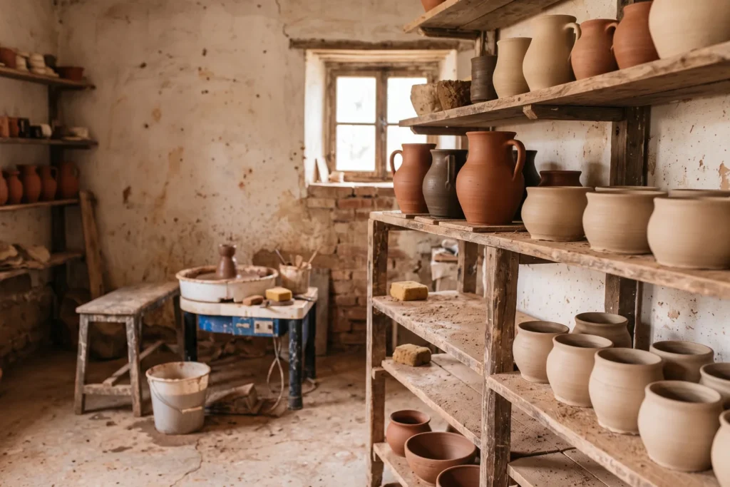 Taller de alfarería con cántaros y vasijas de barro tradicionales secándose en estanterías de madera