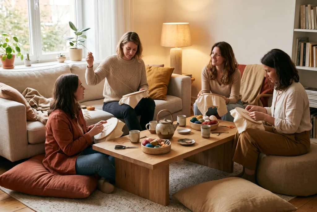 Grupo de amigas bordando en un salón con sofás, cojines, té y luz cálida de tarde
