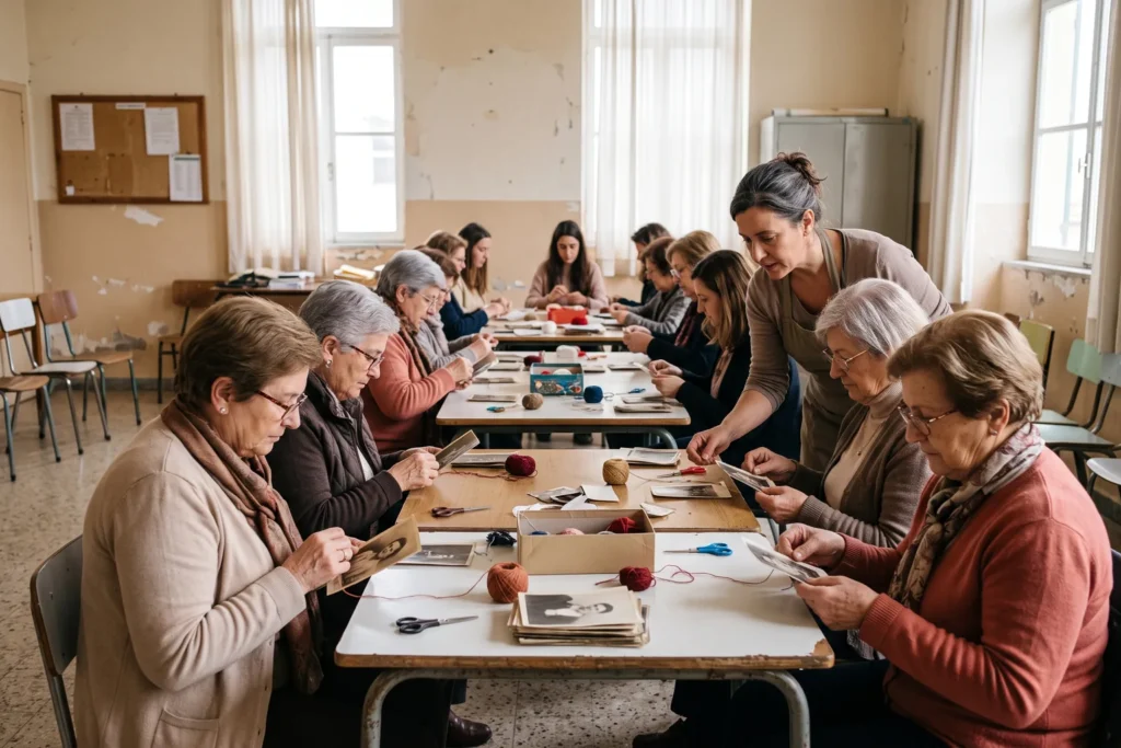 Taller creativo en una sala municipal con miembros de una asociación de distintas edades bordando en mesas