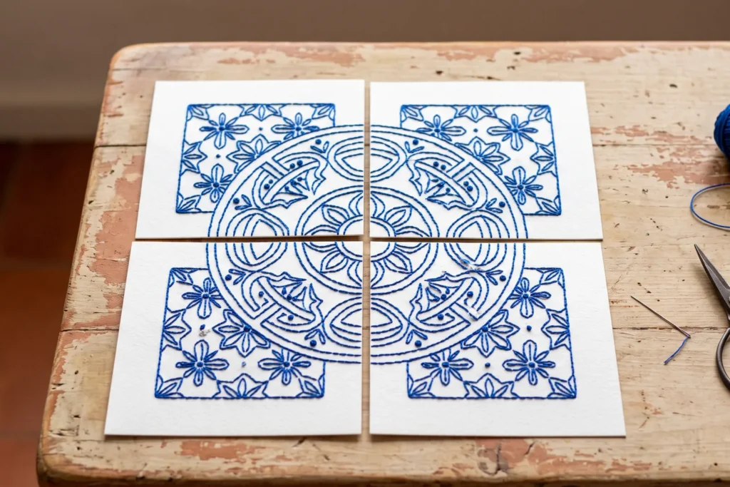 Cuatro cuadrados de cartulina bordados con motivos de azulejo en azul, colocados juntos formando un panel