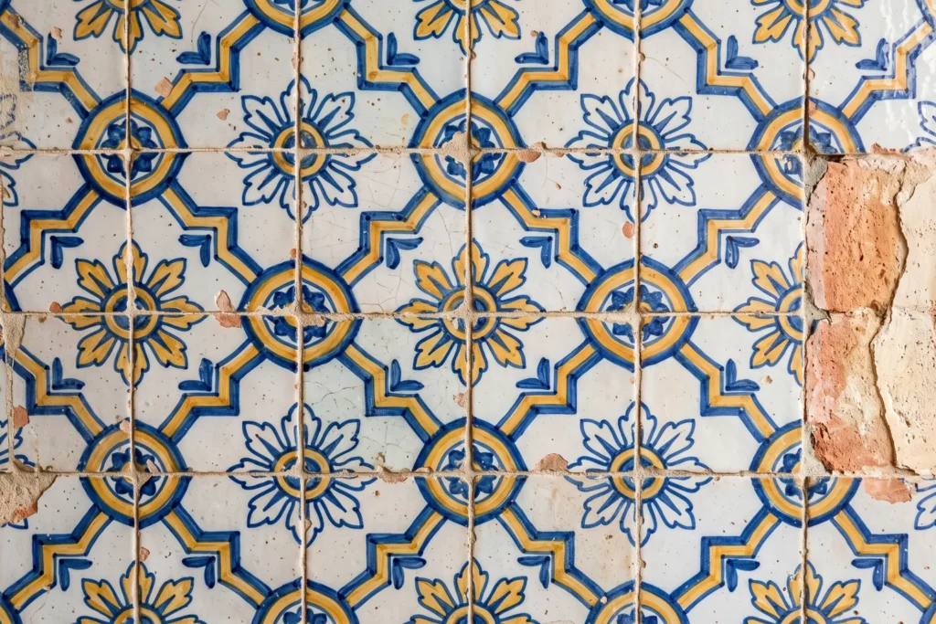 Azulejos cerámicos reales con patrones geométricos y florales en azul, blanco y amarillo