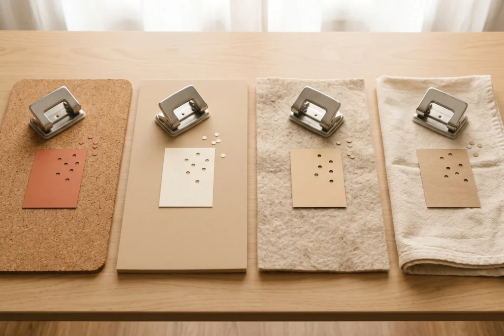 Distintas bases para perforar papel sobre una mesa: plancha de corcho, goma eva, fieltro y una toalla doblada