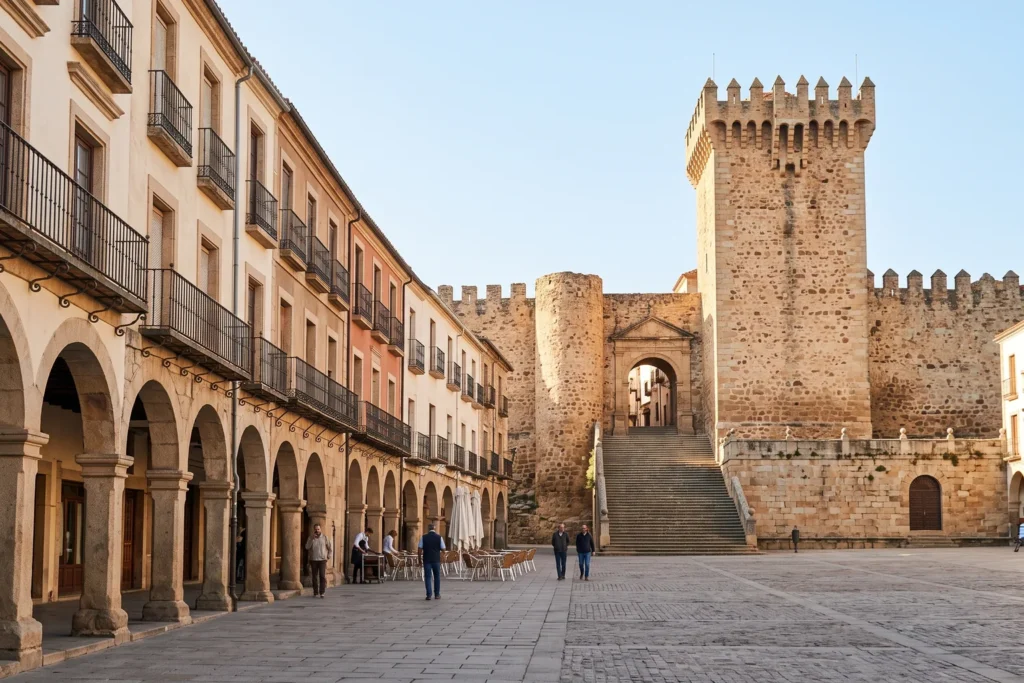 Detalle de la Plaza Mayor de Cáceres con soportales y la muralla al fondo