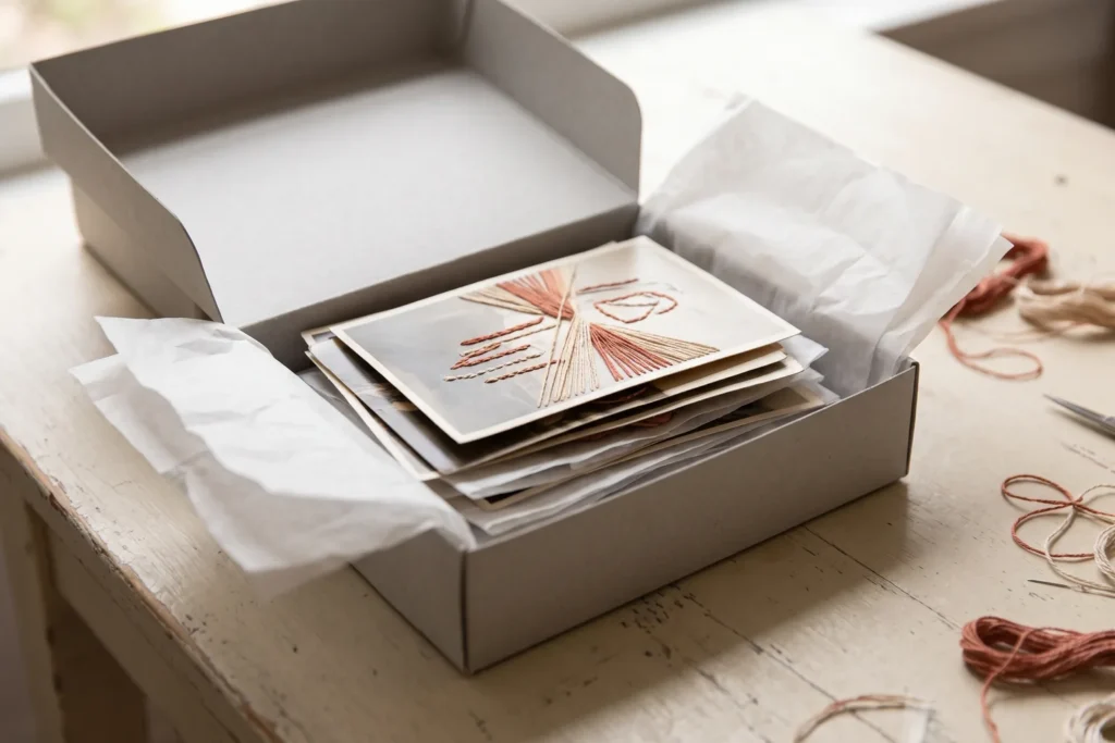 Caja de cartón de conservación abierta con fotografías bordadas separadas por papel de seda