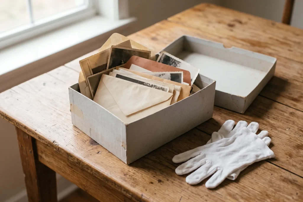 Caja de cartón de conservación con fotografías antiguas en sobres de papel, junto a guantes de algodón
