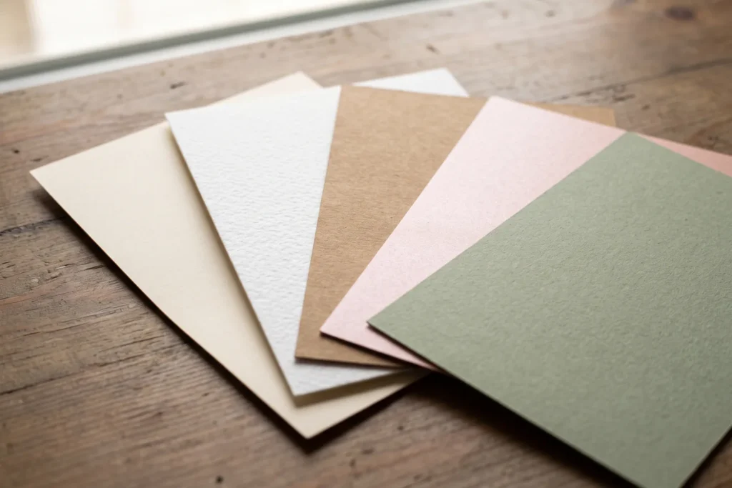 Abanico de cartulinas de distintas texturas y colores: lisas, rugosas, kraft y nacaradas