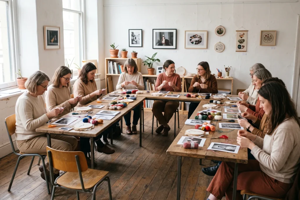Taller artístico en una sala de un centro cultural, con participantes adultos bordando fotografías en mesas dispuestas en U