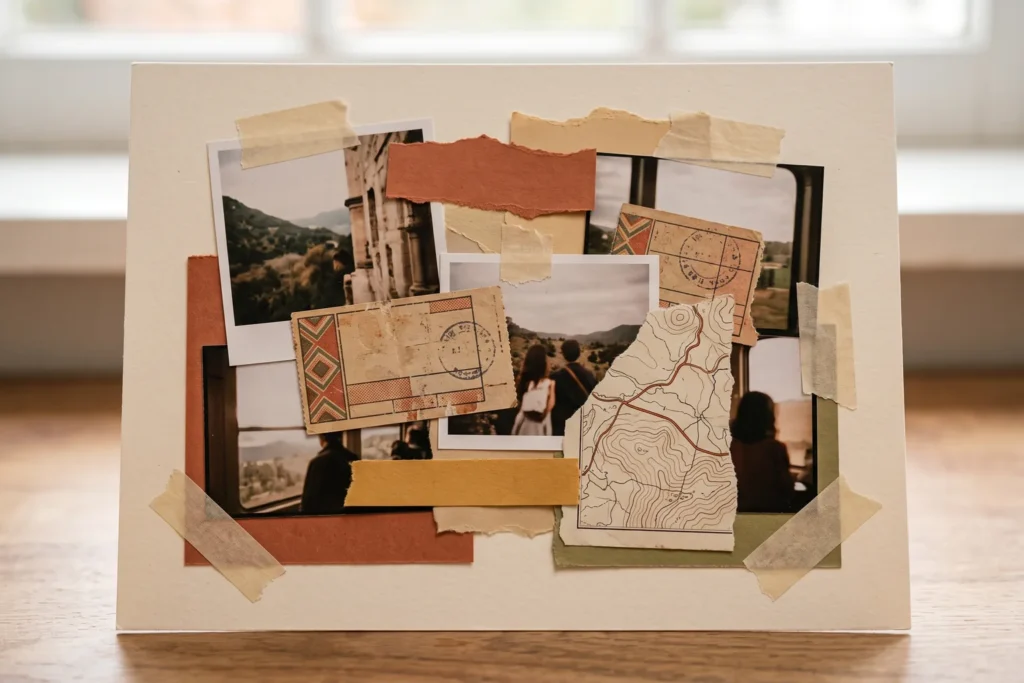 Collage de fotografías recortadas combinadas con papeles de colores, billetes y una frase escrita a mano