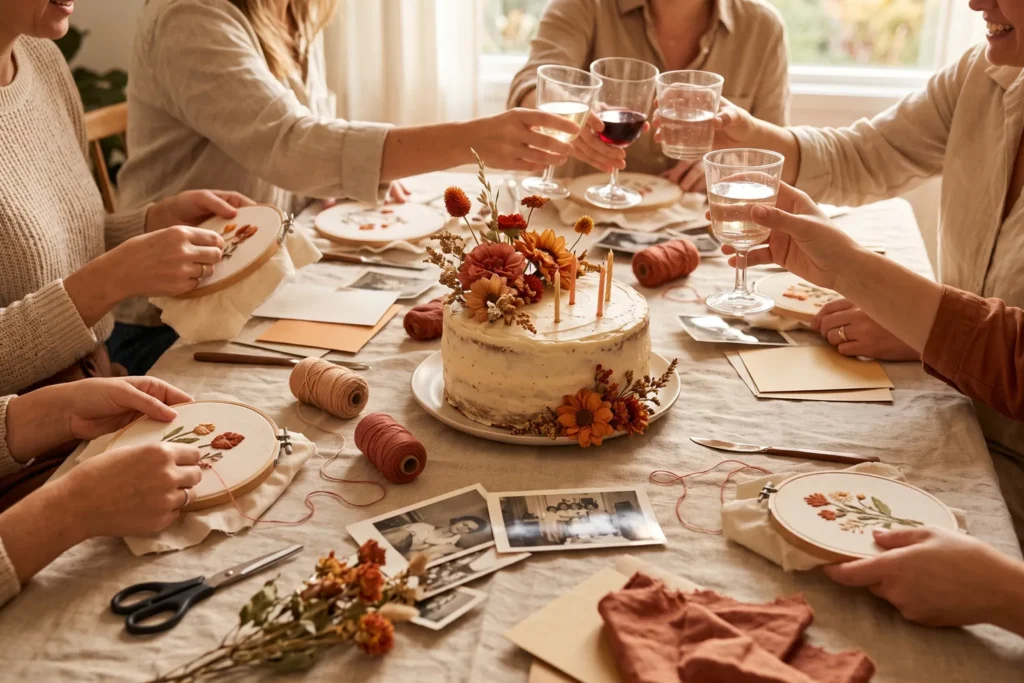 Cumpleaños de adultos alrededor de una mesa de taller con una tarta, bordados a medio hacer y copas
