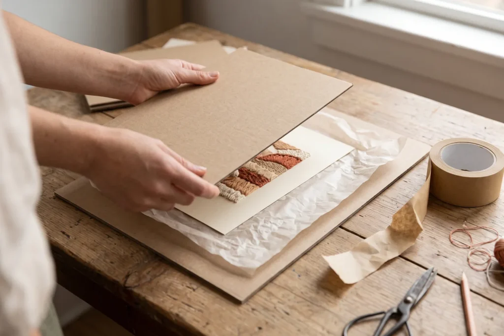 Obra bordada sobre papel protegida con papel de seda entre dos cartones rígidos, lista para transportar