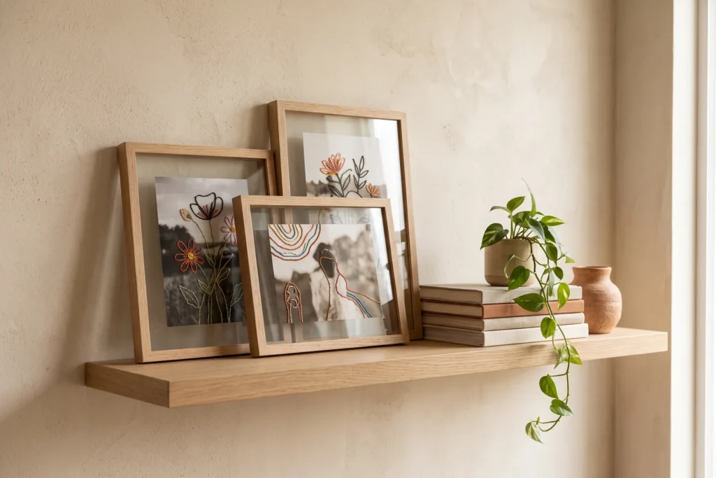 Estantería de madera con varias fotografías bordadas enmarcadas apoyadas junto a libros y una planta