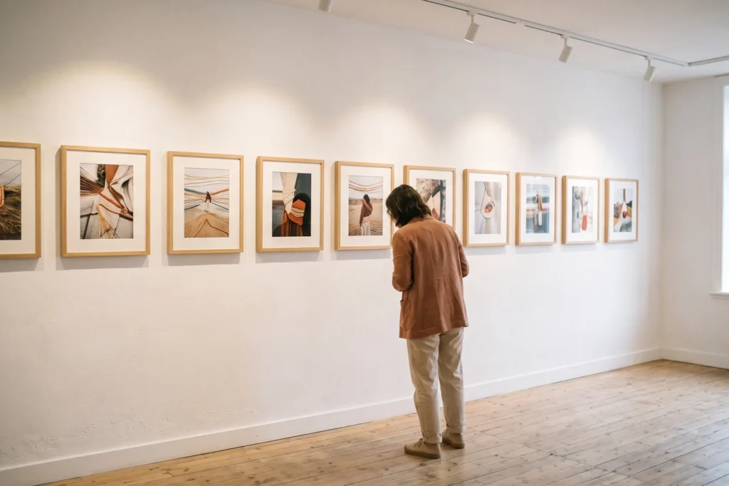Exposición de fotografías bordadas enmarcadas colgadas en una pared blanca de una sala