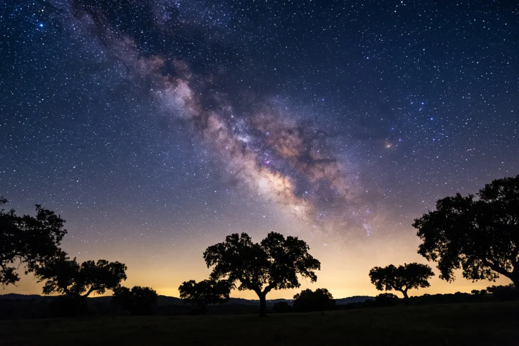 Cielo estrellado con la Vía Láctea sobre una dehesa con encinas en silueta