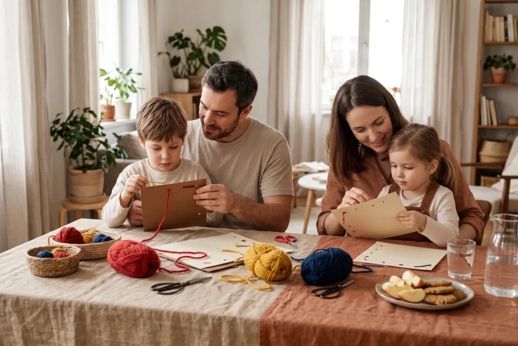 Familia con padres e hijos haciendo manualidades juntos en una mesa con cartulinas, hilos y tijeras