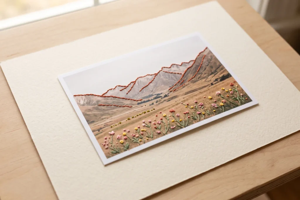 Fotografía de un paisaje de montaña con flores bordadas en primer plano y el contorno de la sierra en hilo terracota