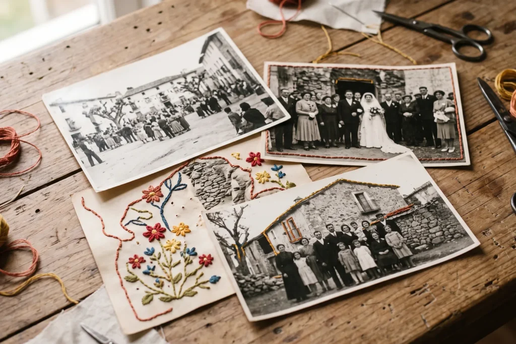 Fotografías antiguas de un pueblo y de familia bordadas con flores e hilos de colores sobre una mesa de madera