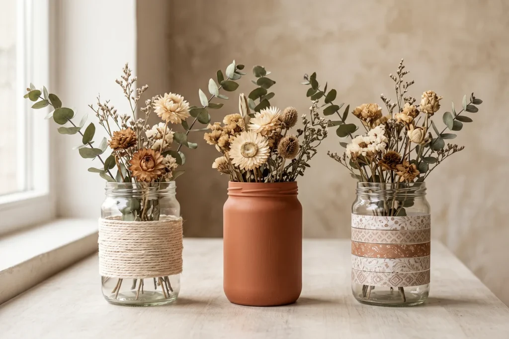 Frascos de cristal reciclados decorados con cuerda, papel y pintura, con flores secas dentro