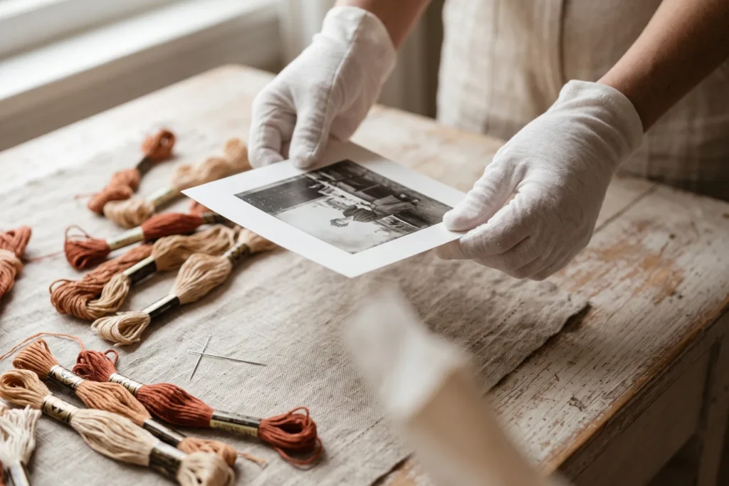 Manos con guantes finos de algodón blanco sosteniendo una fotografía impresa por los bordes junto a hilos de bordar