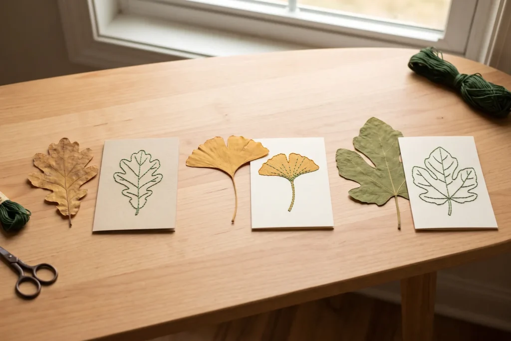 Hojas naturales prensadas junto a sus versiones bordadas en papel con hilo verde