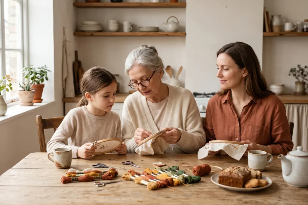 Tres generaciones de mujeres bordando juntas en una mesa: una abuela, una madre y una niña