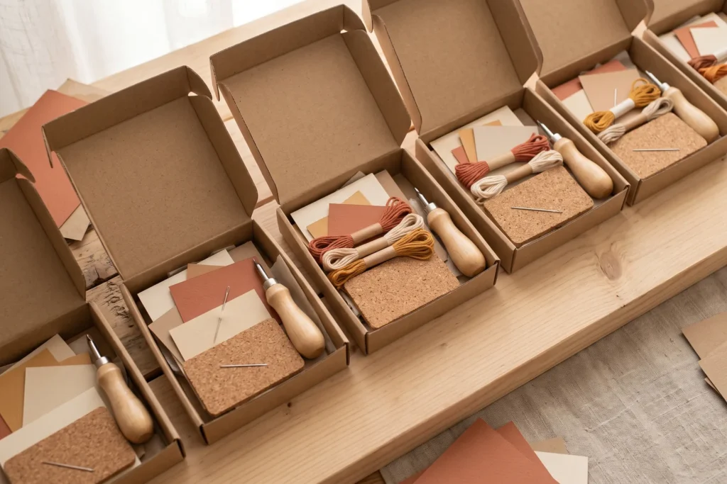 Cajas con materiales de taller organizados por puestos: cartulinas, hilos, agujas, punzones y corchos en lotes individuales