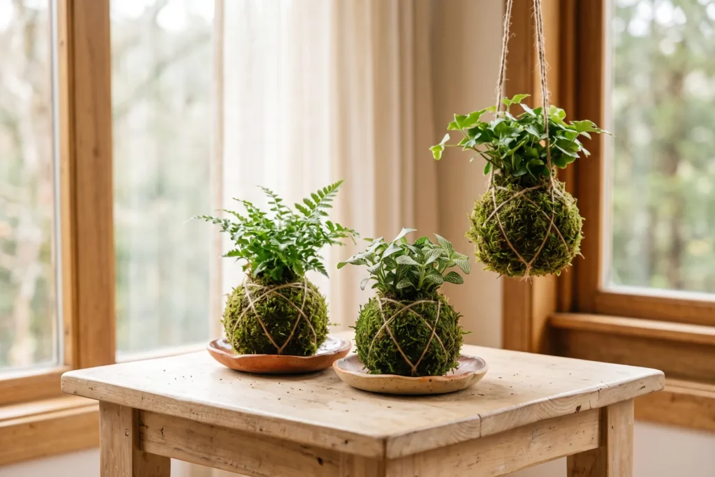 Varias kokedamas con plantas pequeñas envueltas en musgo y atadas con cuerda, sobre platos de cerámica