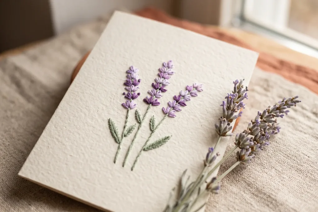 Tres ramitas de lavanda bordadas en papel con puntadas lilas en forma de V sobre tallos verdes