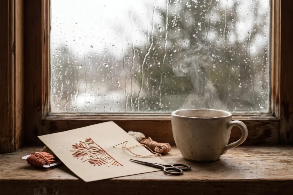 Taza caliente y un bordado a medio hacer junto a una ventana con gotas de lluvia