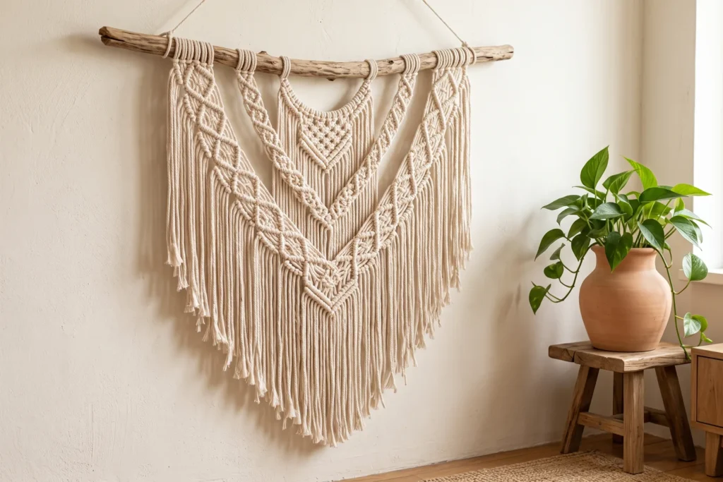 Tapiz de macramé de cuerda de algodón colgado en una pared clara