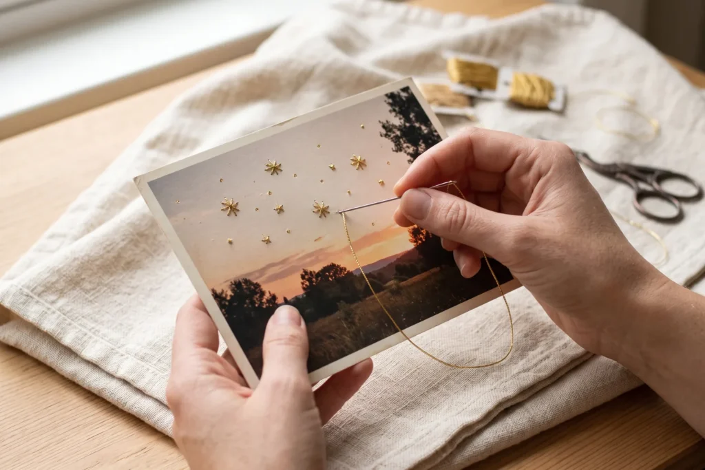 Manos bordando estrellas con hilo dorado sobre el cielo de una fotografía impresa
