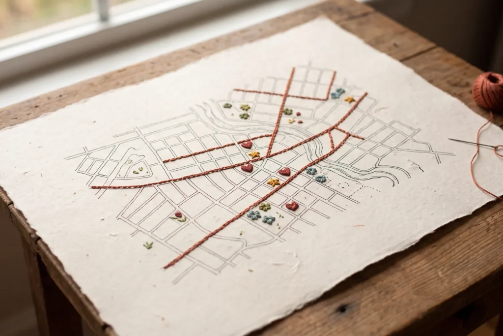 Plano de un barrio dibujado sobre papel con los lugares significativos marcados con pequeños bordados de colores
