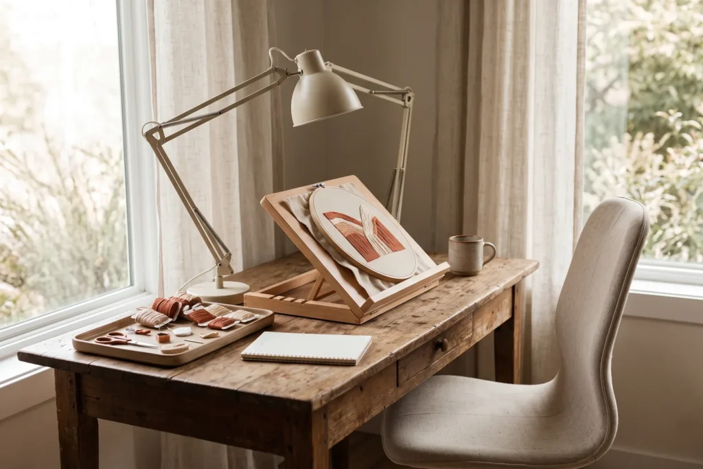 Mesa de trabajo para bordar bien iluminada, con una silla con respaldo, una lámpara articulada y herramientas ordenadas