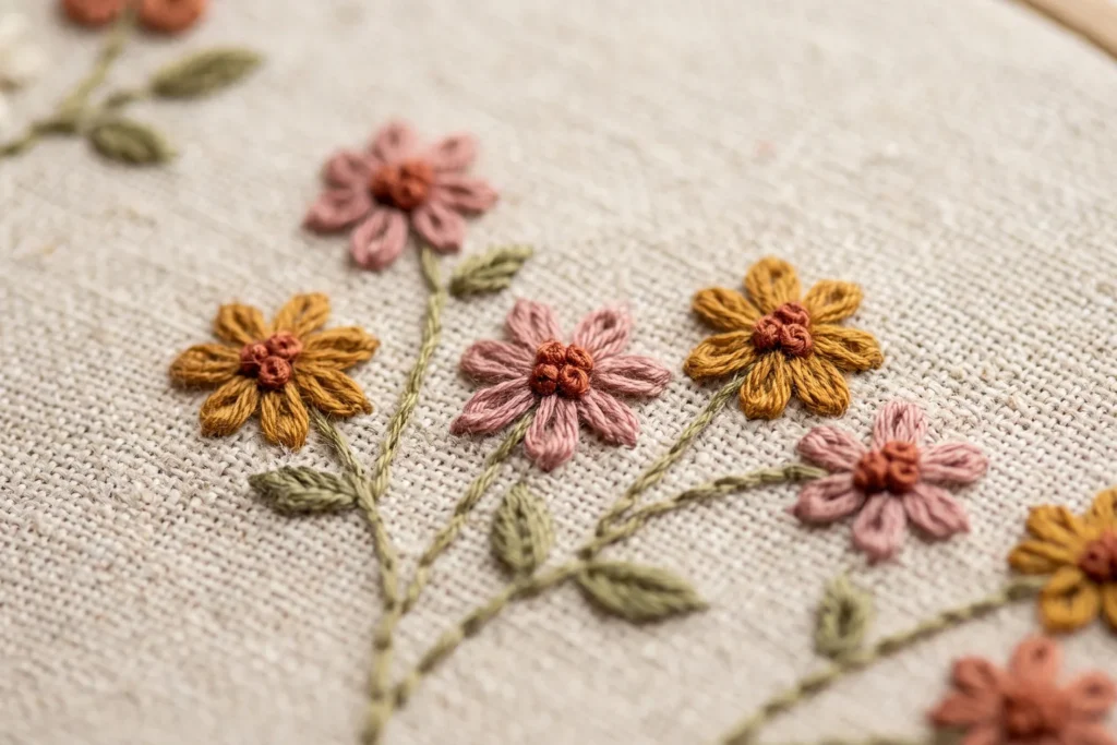 Detalle de flores bordadas con punto margarita y centros de nudo francés en tonos cálidos