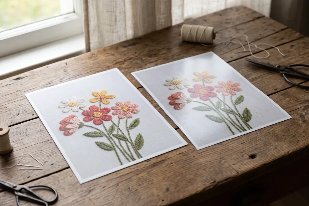 Dos copias de la misma foto bordada, una en papel mate y otra en papel satinado, comparadas a la luz