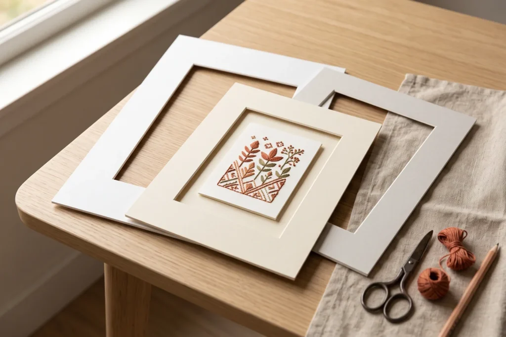 Paspartús de distintos colores y anchos de margen apoyados sobre una mesa con una lámina bordada