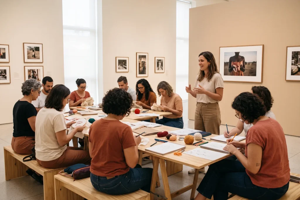 Grupo de adultos participando en un taller creativo en la sala de un museo, junto a obras expuestas