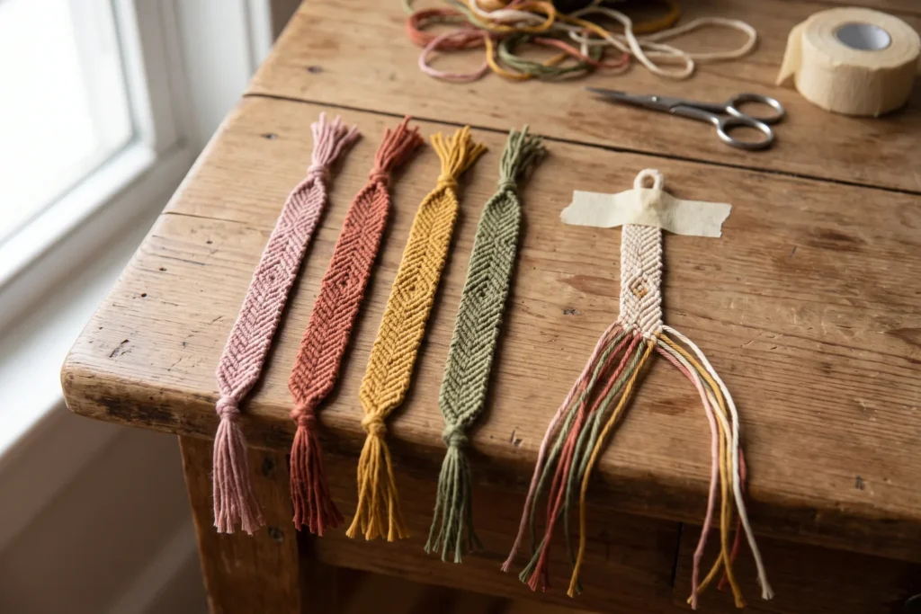 Pulseras de la amistad trenzadas con hilo de bordar en tonos cálidos sobre una mesa de madera