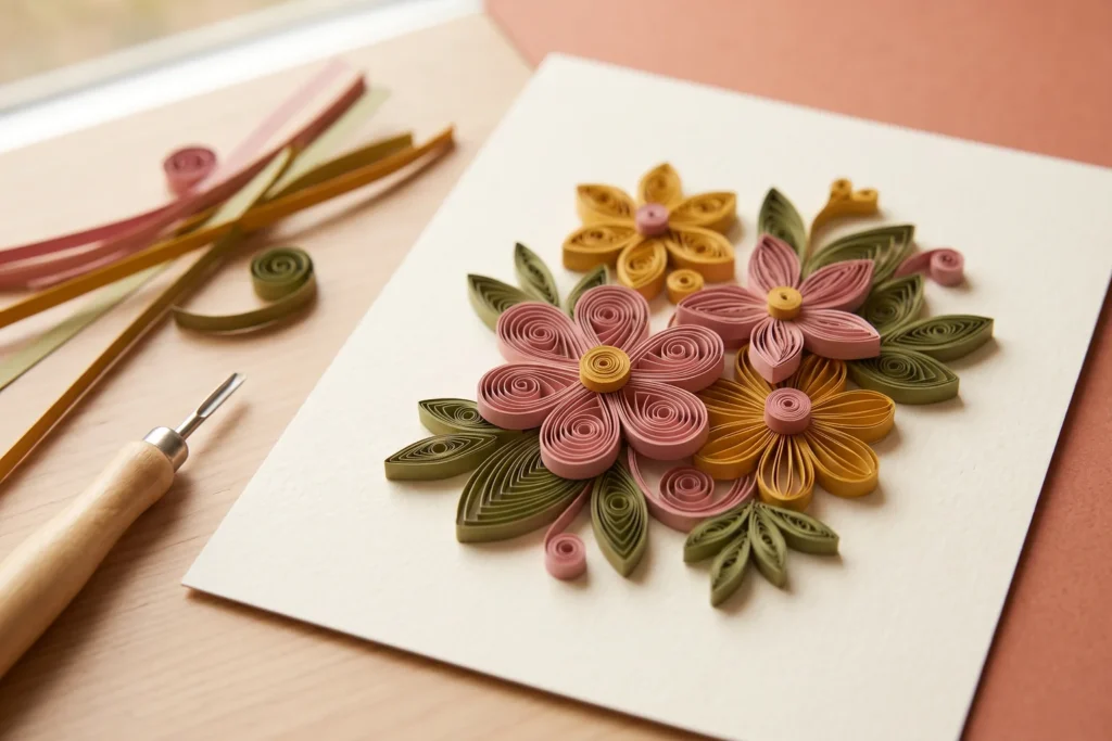 Flores de quilling hechas con tiras de papel enrolladas en tonos rosa y mostaza