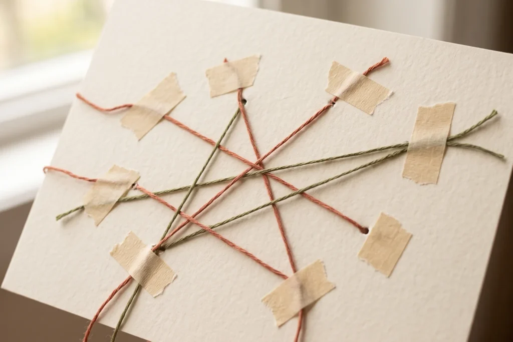 Reverso de un bordado en papel con los extremos del hilo fijados con cinta adhesiva de papel