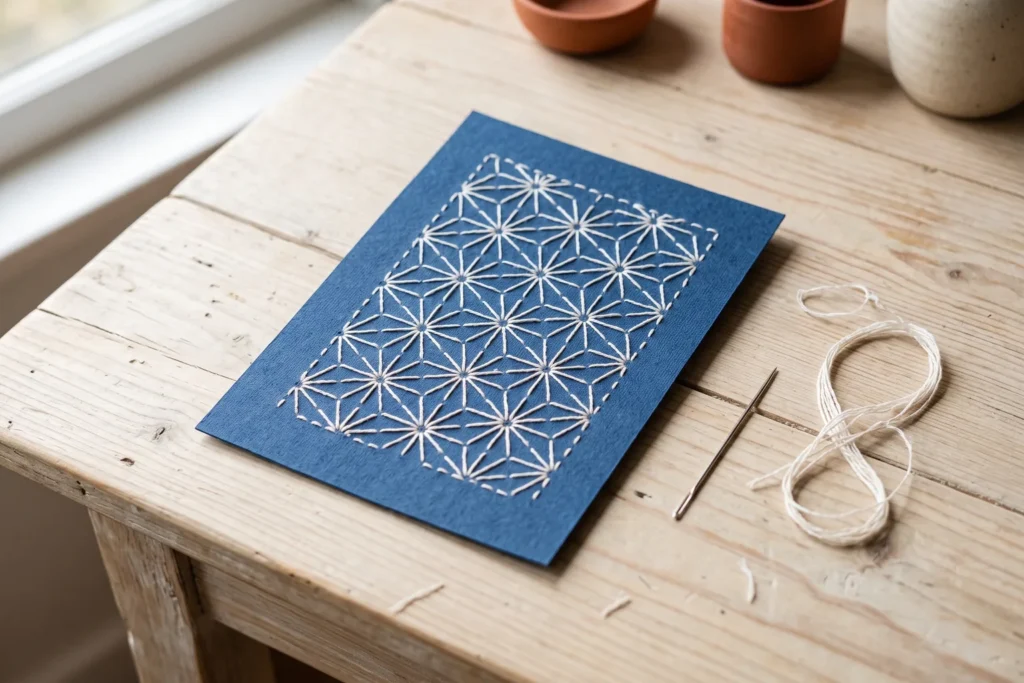 Patrón geométrico de sashiko bordado en hilo blanco sobre cartulina azul oscuro