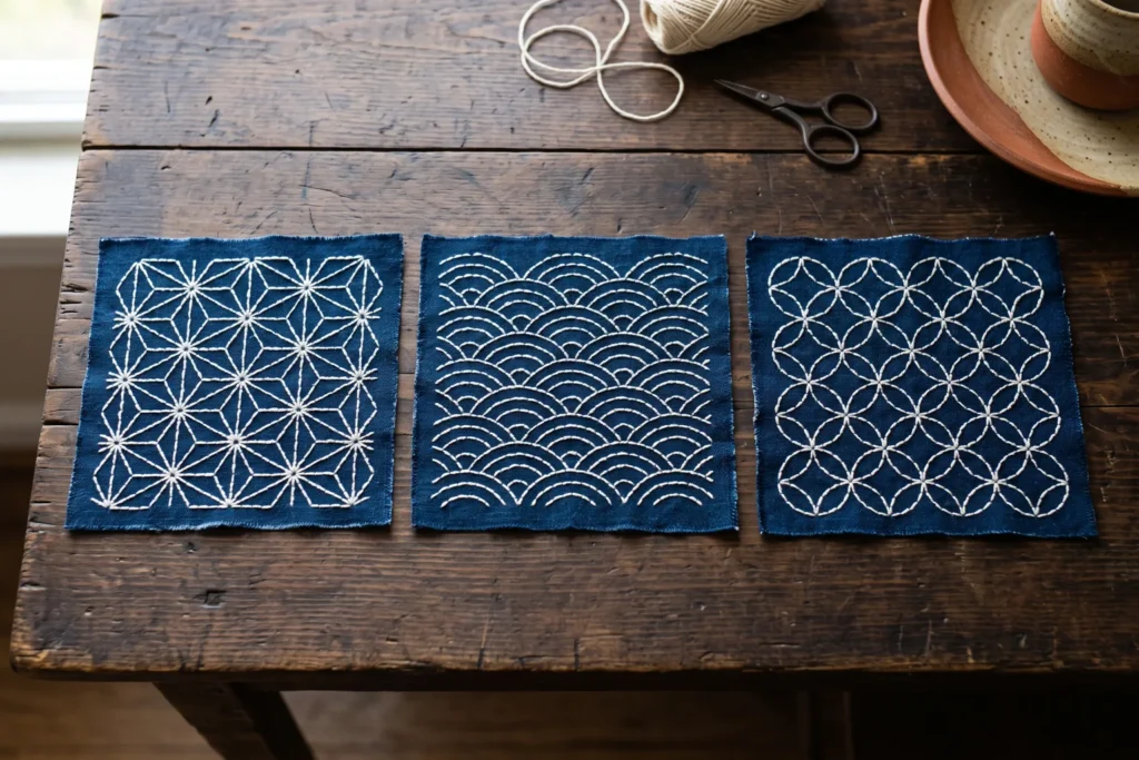 Muestras de patrones tradicionales de sashiko bordados en blanco sobre índigo: hojas de cáñamo, olas y círculos entrelazados