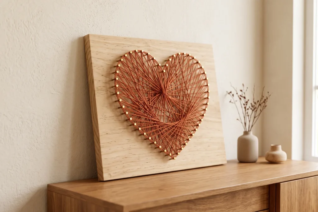 Cuadro de string art con hilo terracota tensado entre clavos formando un corazón sobre madera