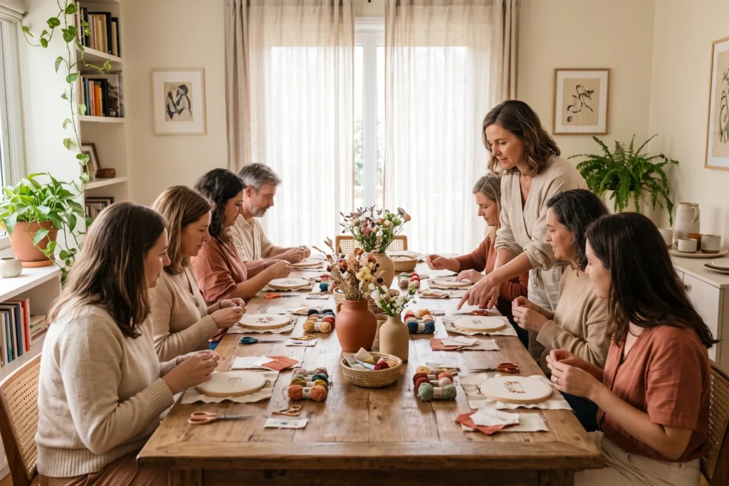Taller de bordado privado en el salón de una casa con un grupo de personas alrededor de una mesa larga