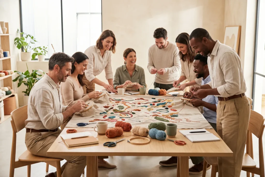 Equipo de trabajo bordando juntos sobre una gran tela colectiva extendida en una mesa de una sala luminosa