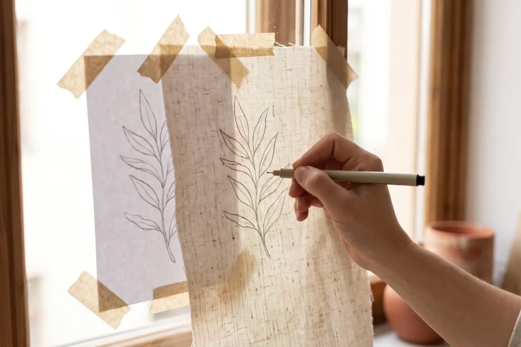 Tela de lino pegada en una ventana sobre un dibujo, mientras una mano calca las líneas con rotulador