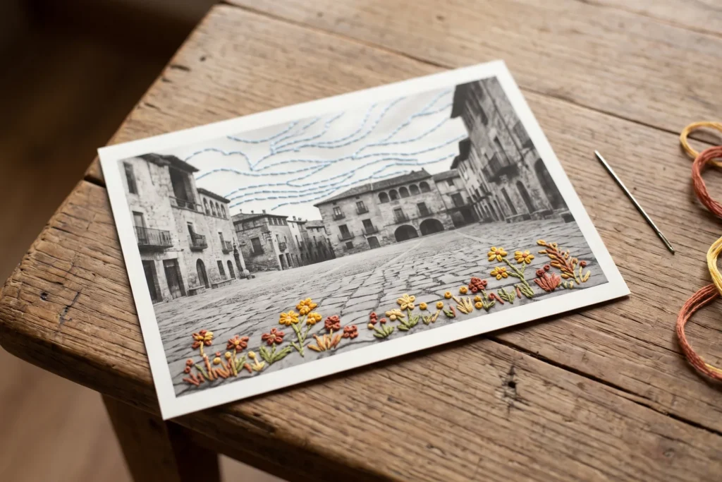 Fotografía de la Plaza Mayor de Trujillo con detalles de flores y cielo bordados en hilo de colores