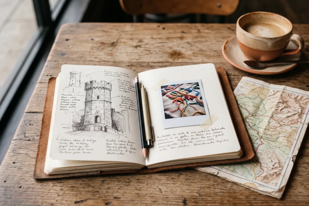 Cuaderno de viaje abierto con dibujos, una foto pegada y un pequeño bordado, sobre una mesa con un mapa